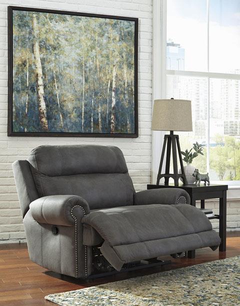 Signature Design by Ashley Austere Gray Zero Wall Recliner with Rolled Arms and Nailhead Trim
